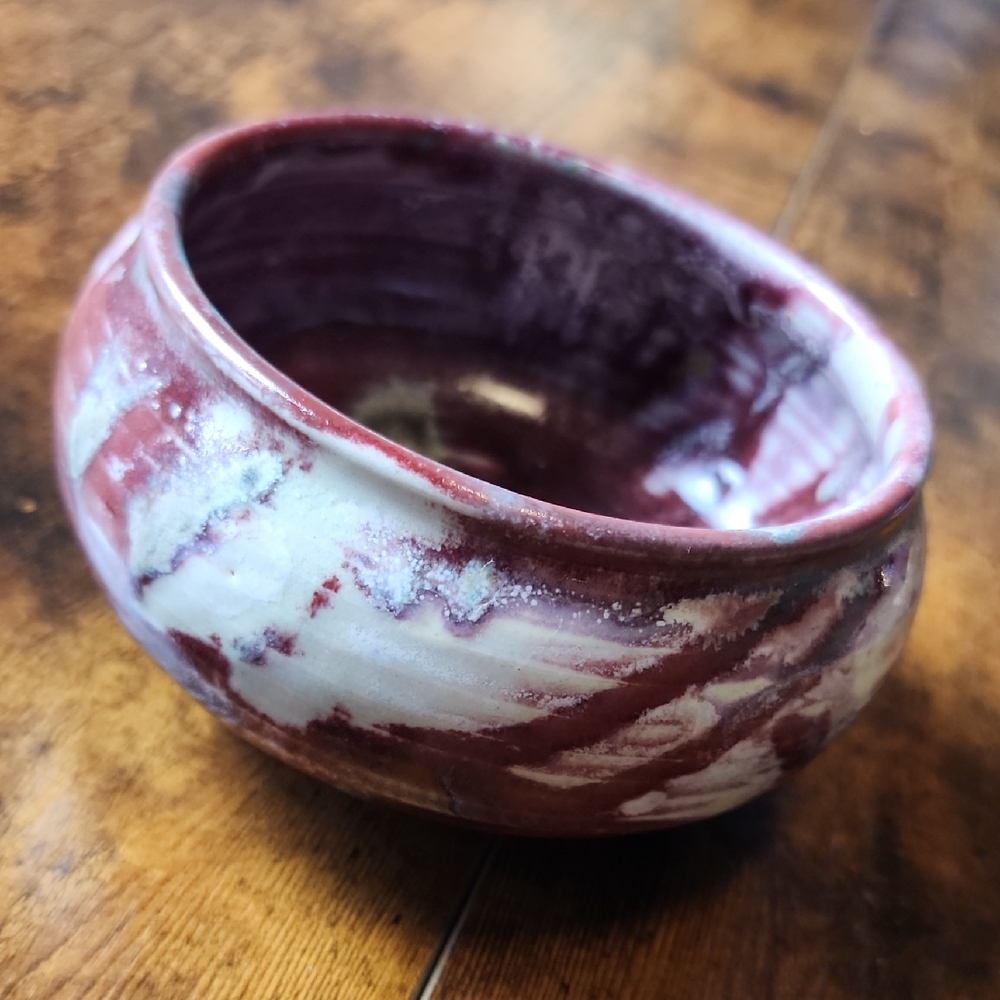 Studio Art Handcrafted Red, Cream Grey Ceramicโ Pottery Bowl Signed By Artist